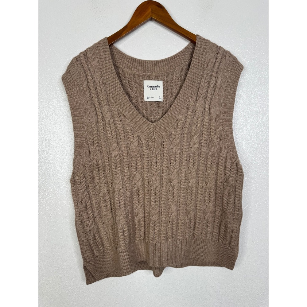 Abercrombie & Fitch Womens Cable Knit Sweater Vest Taupe Brown V-Neck Large